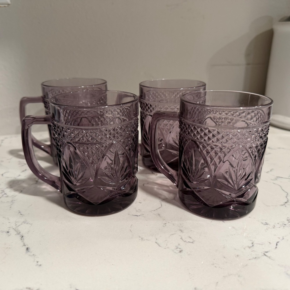 4- Cristal D'Arques Durand - Vintage Purple Amethyst Glass Coffee Mugs